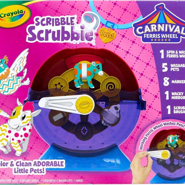 Crayola Scribble Scrubbie Pets Carnival Playset – Spin & Wash Ferris Wheel, 5 Washable Pets, 8 Washable Markers, Scrub Brush & Wacky Mirror